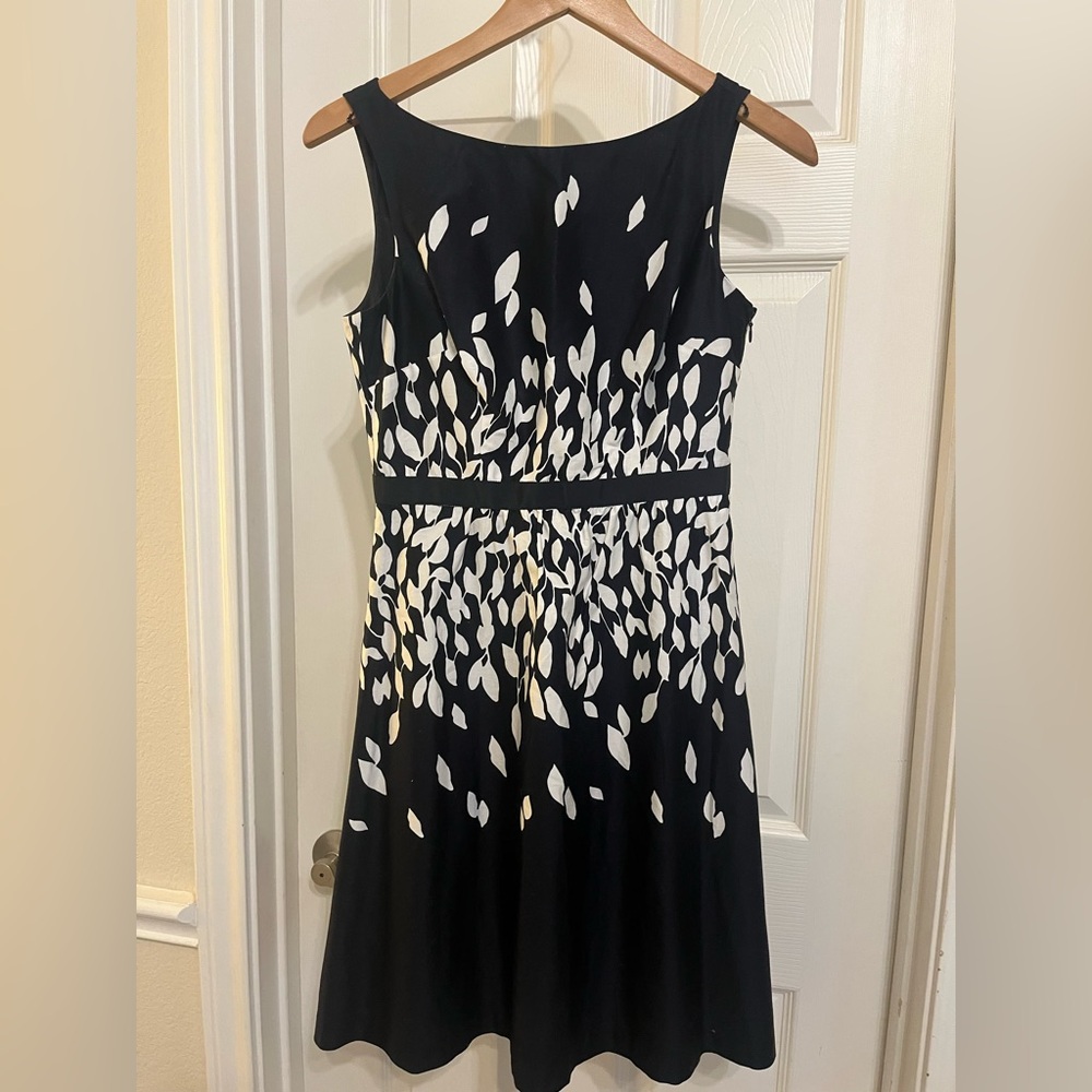 LOFT Black and White Leaf Print Midi Dress